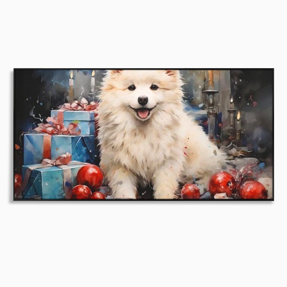 Tablou canvas cu tablou canvas cu catel samoyed, in rama de aluminiu negru